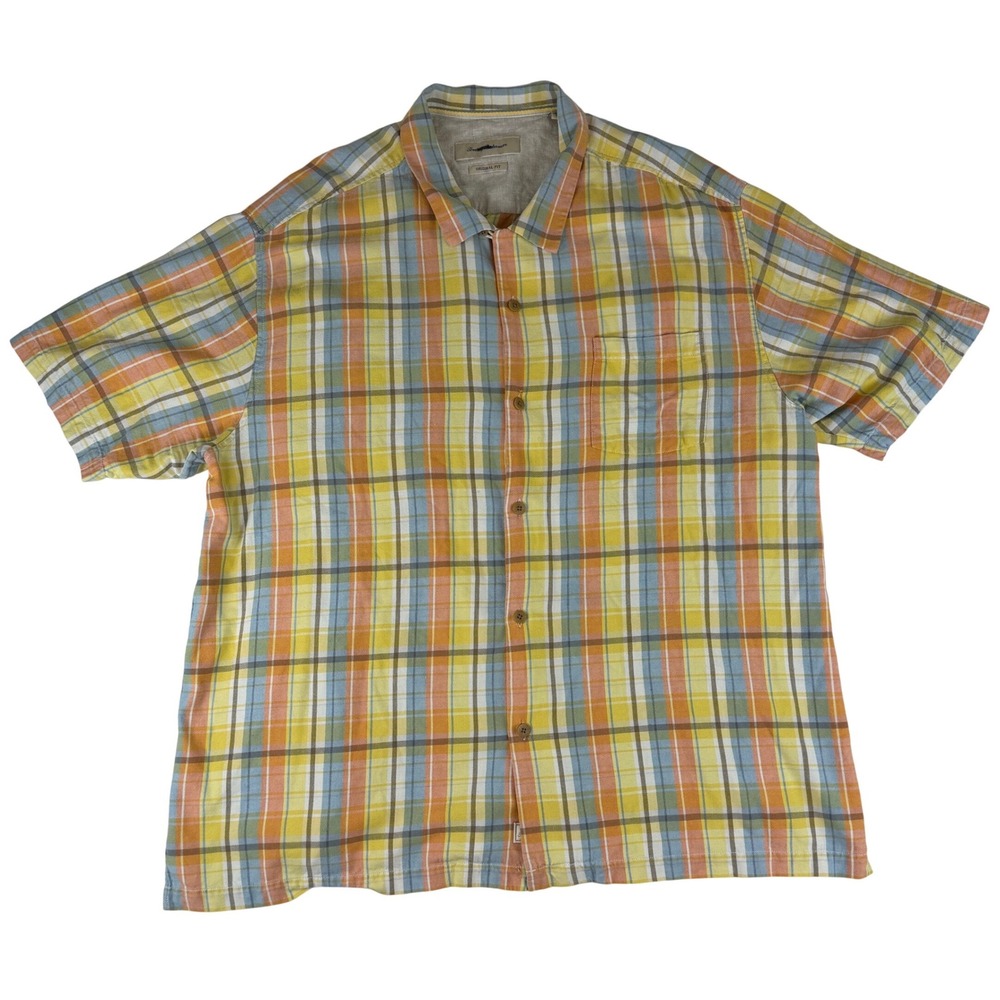 Tommy Bahama Button Up Shirt Mens 3XL Yellow Plaid 100% Silk Short Sleeve Pocket